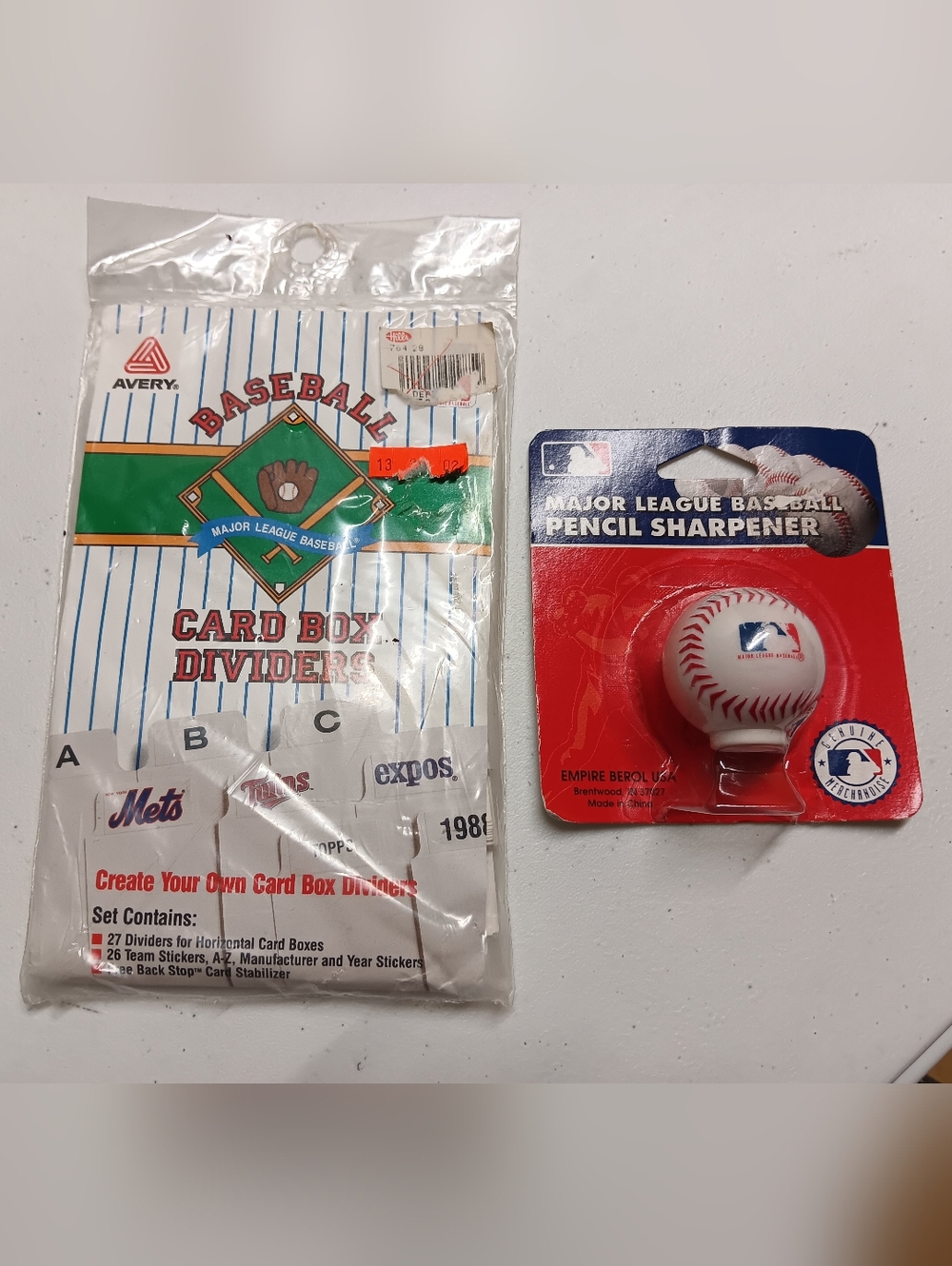 Major League Baseball Pencil Sharpener with Avery Baseball Card Box Dividers New